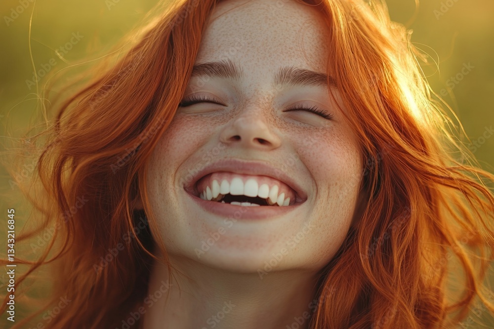 Smiling young woman with red hair enjoys a sunny day outdoors in a green field Smiling young woman with red hair enjoys a sunny day outdoors in a green field