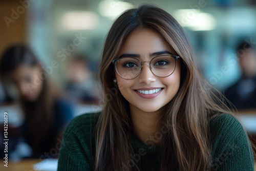 Wallpaper Mural Young woman with glasses smiling in a classroom filled with students during a sunny day Torontodigital.ca
