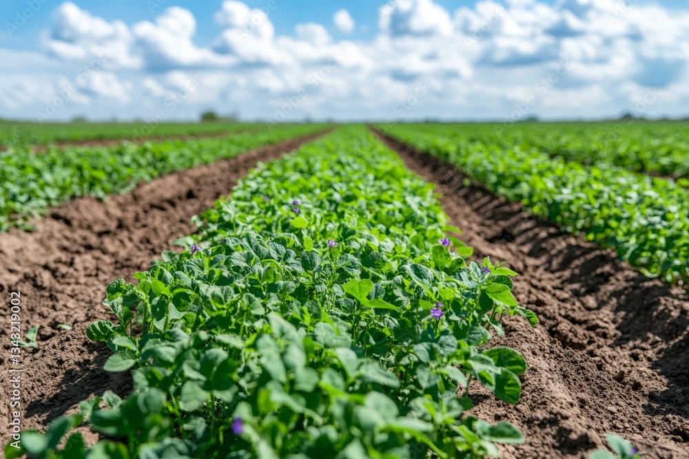 Vibrant green fields of crops stretch under a bright blue sky filled with fluffy clouds on a sunny day in rural agriculture Vibrant green fields of crops stretch under a bright blue sky filled with fluffy clouds on a sunny day in rural agriculture