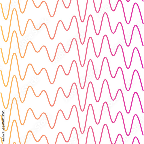 Abstract design featuring undulating wave patterns in gradient shades of orange and pink on a white background.