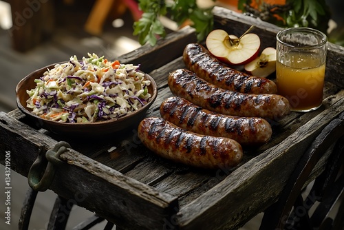 A rustic summer BBQ scene featuring grilled venison sausages with a side of apple cider slaw, presented on an old wooden cart at a country fair.
