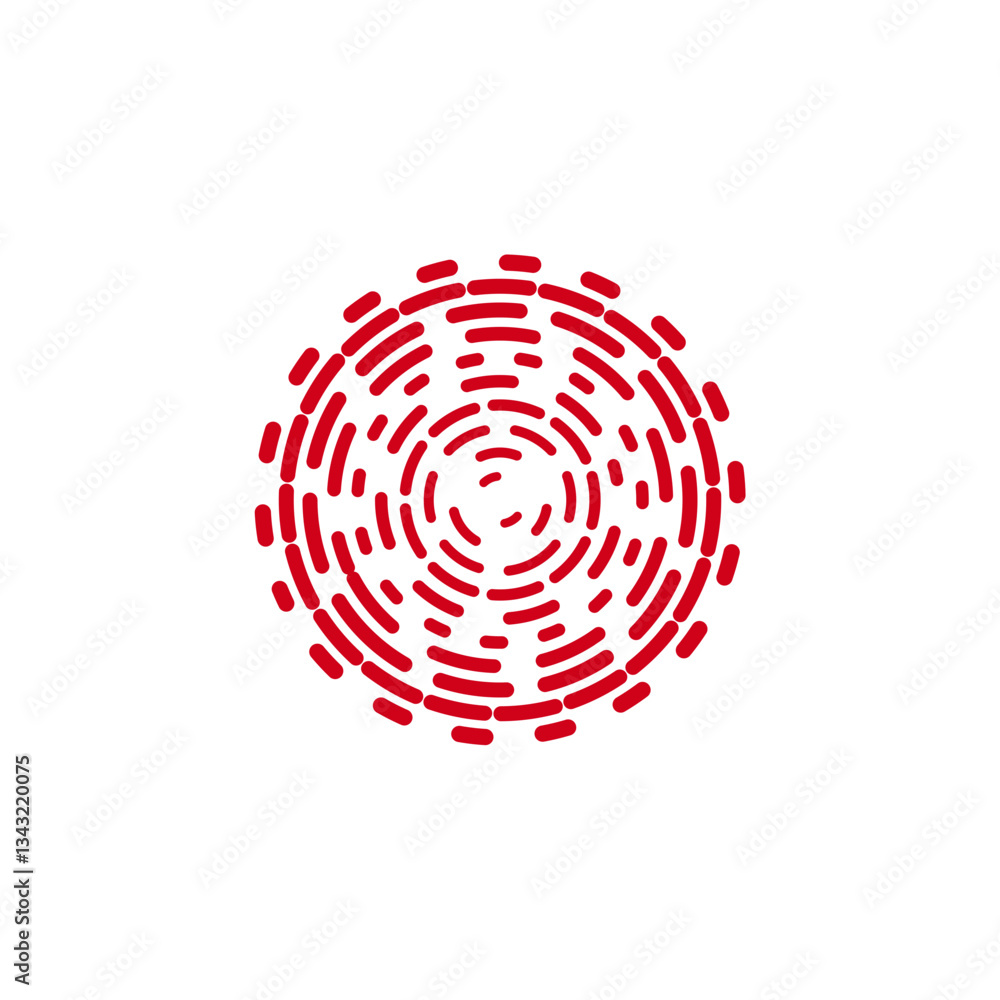 Red circular pattern of lines and dots resembling a digital fingerprint on a white background. Red circular pattern of lines and dots resembling a digital fingerprint on a white background.