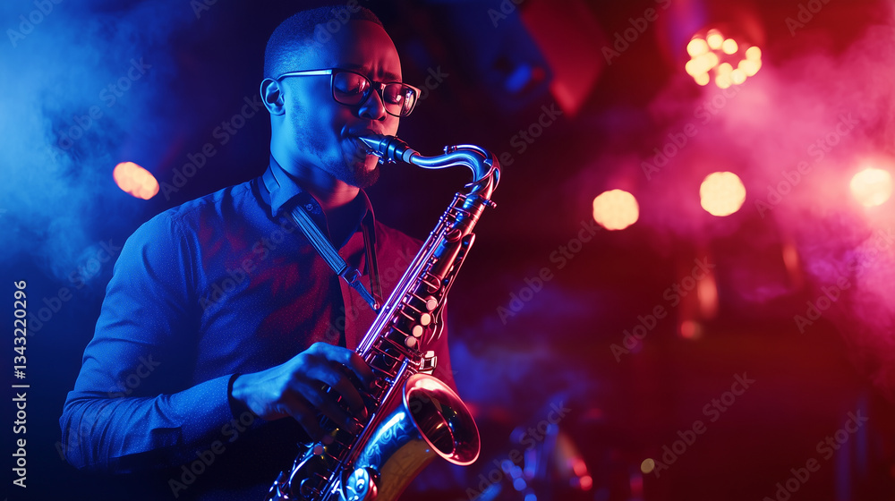 Fototapeta premium Soulful Saxophonist in a Vibrant Jazz Club Performance