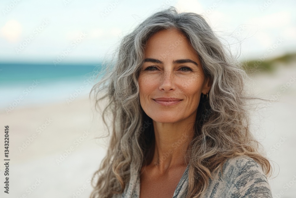 Confident woman with long gray hair smiling on a sunny beach at midday Confident woman with long gray hair smiling on a sunny beach at midday
