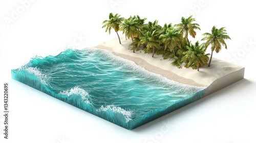 A stylized representation of a tropical beach scene with palm trees, waves, and sandy shore, showcasing vibrant colors and textures.