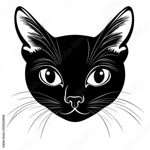 Chubby Oriental Shorthair cat head linear illustration black art vector