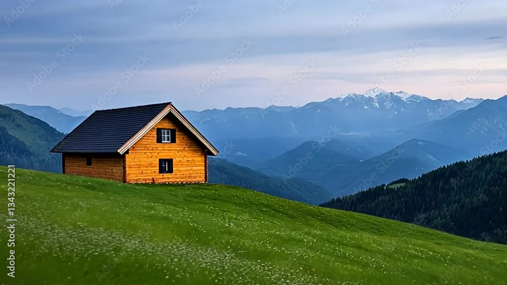 Rustic wooden cabin on lush hill with mountain backdrop, serene nature escape, perfect for summer retreats and hiking Rustic wooden cabin on lush hill with mountain backdrop, serene nature escape, perfect for summer retreats and hiking