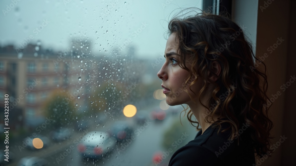A contemplative woman gazes out of a window on a rainy day, with raindrops on the glass and city lights in the background. A contemplative woman gazes out of a window on a rainy day, with raindrops on the glass and city lights in the background.