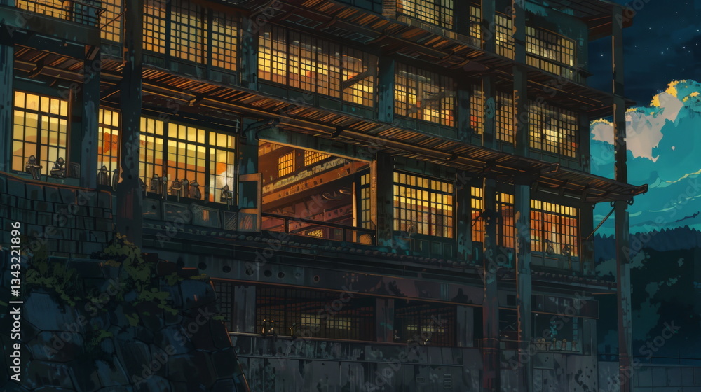 Naklejka premium A tall building with large windows at night, the interior is dark