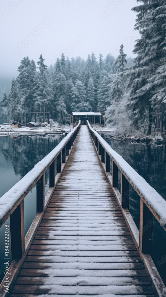 Winter dock stretching over still lake surrounded by snow-covered trees Winter dock stretching over still lake surrounded by snow-covered trees