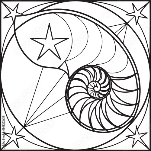 Intricate Nautilus Shell with Stars - Geometric Spiral Design for Coloring and Digital Art