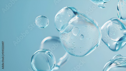 Collagen serum bubbles on blue background. Cosmetic essence. Molecule inside liquid bubble. Concept skincare cosmetics solution. Vector realistic illustration, Generative AI
