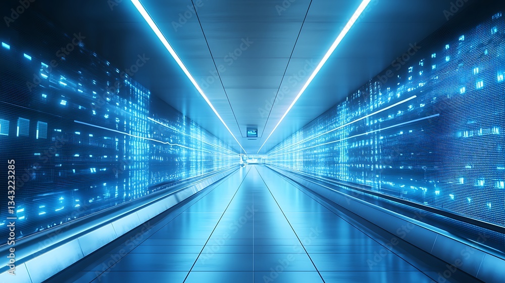 Fototapeta premium Walking Through Futuristic Tunnel with Glowing Blue Light Displays