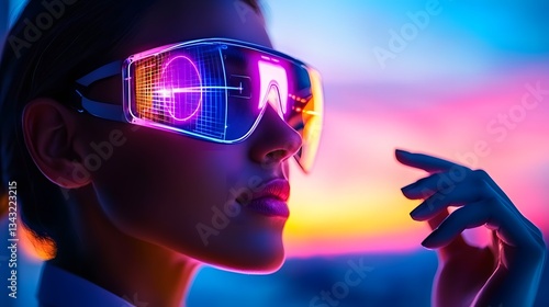 A futuristic female engineer wea advanced smart glasses controls a robotic arm with holographic interface projections reflecting industrial automation and technological