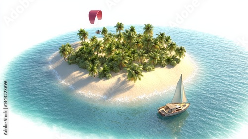 A picturesque island with palm trees, a sailboat nearby, and a kite surfer aloft in clear turquoise waters.