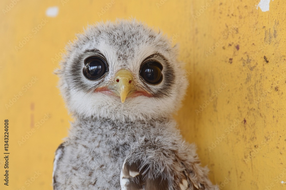Obraz premium Young owl perched against a textured yellow wall, showcasing its fluffy feathers and large expressive eyes