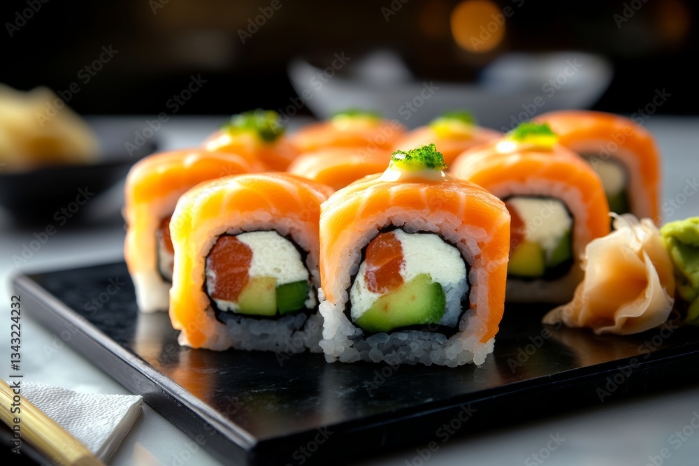 Plate of sushi with a variety of ingredients including avocado, cucumber, and salmon. The sushi is arranged in a visually appealing manner Plate of sushi with a variety of ingredients including avocado, cucumber, and salmon. The sushi is arranged in a visually appealing manner