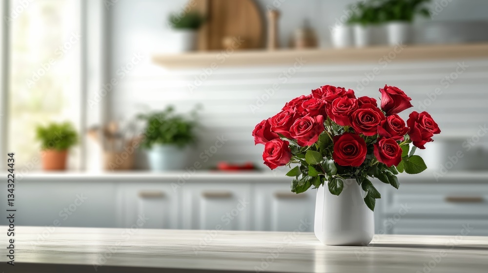 Fototapeta premium Vase of red roses sits on a table in a kitchen. The roses are arranged in a way that they are all facing the same direction, creating a sense of unity and harmony. The vase is white