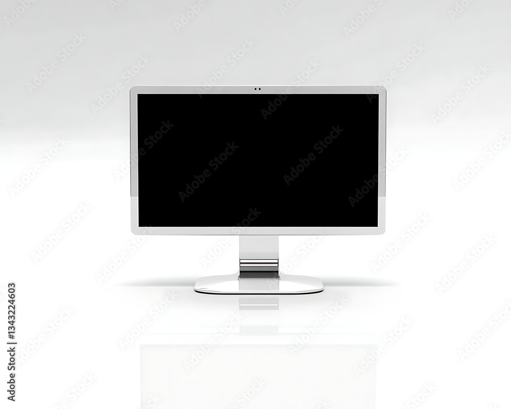 Isolated white computer monitor on reflective surface