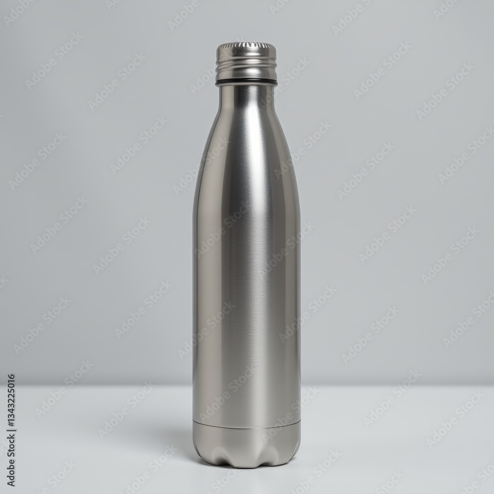 Empty stainless steel water bottle with a smooth surface and screw cap ideal for eco friendly hydration Empty stainless steel water bottle with a smooth surface and screw cap ideal for eco friendly hydration