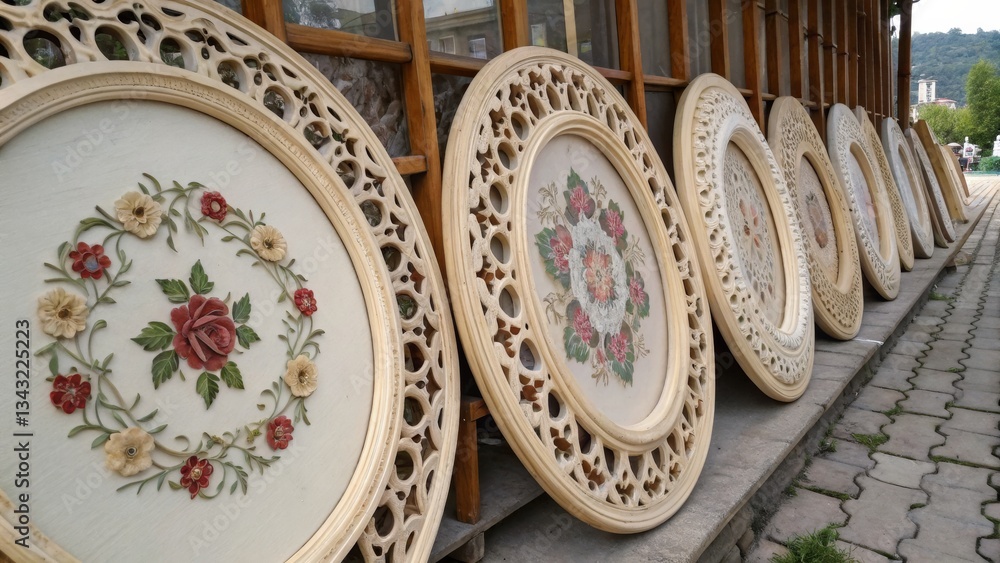Fototapeta premium Intricately designed wooden wall plates with floral patterns displayed outside a building, showcasing craftsmanship and artistic detail.