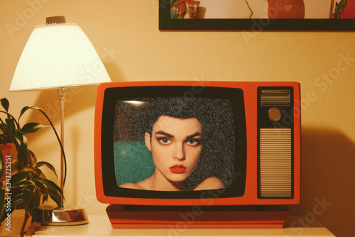 Futuristic retro TV set in a cozy indie sleaze room with cinematic lighting