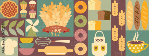 Bakery bread pattern abstract. Pastries and dessert in trendy geometric style - seamless pattern with icons related to bakery, cafe, cupcakes and templates