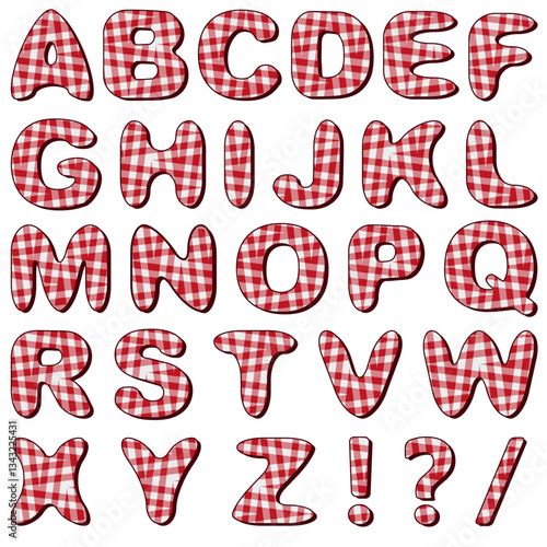 Vector images of English alphabet letters with a checkered pattern of red and white cells isolated on a transparent background