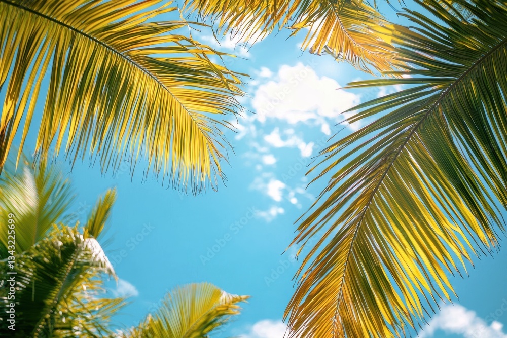 Fototapeta premium Palm tree leaves sway under bright blue sky in tropical paradise