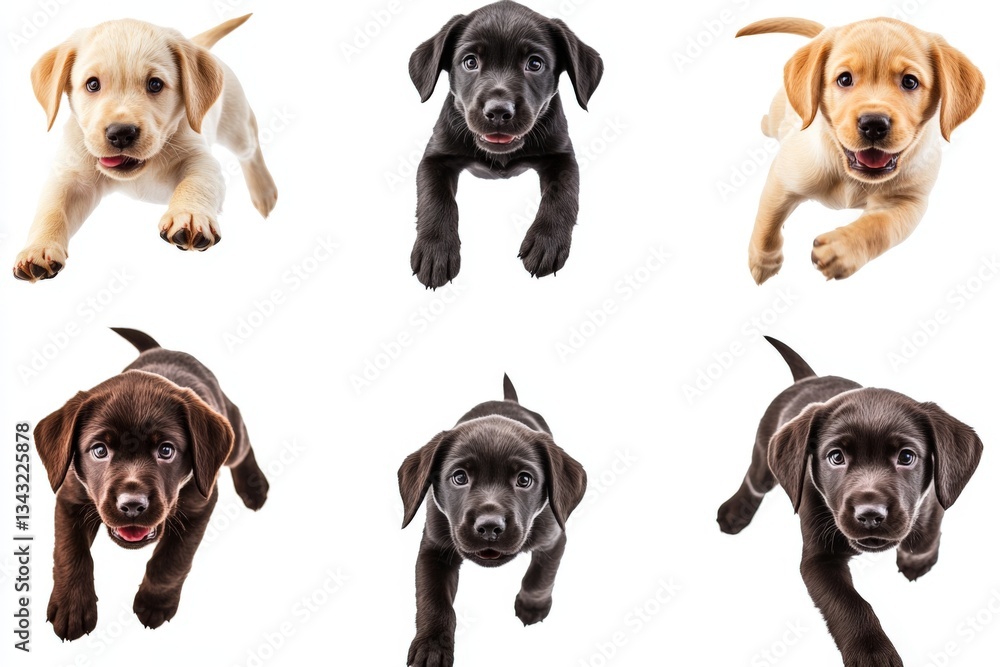 Puppies of different colors playfully running towards the camera in an indoor setting during daylight hours Puppies of different colors playfully running towards the camera in an indoor setting during daylight hours