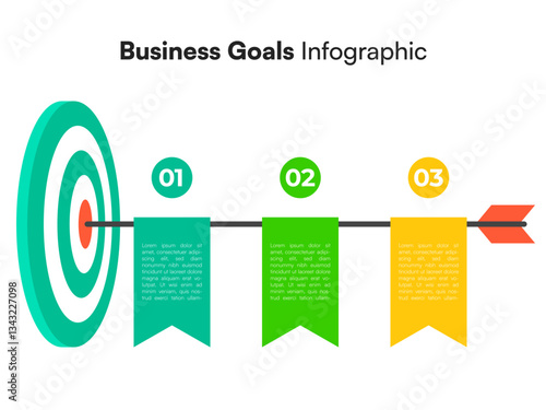 Three-Step Business Infographic with Vertical Flags on Arrow Timeline