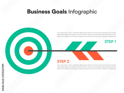 Two-Step Business Strategy Infographic with Red and Green Arrow Piercing Center of Bullseye Target