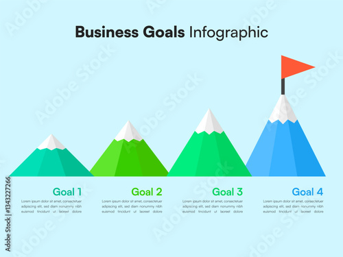 Business Goal Infographic with Ascending Mountain Peaks and Flag