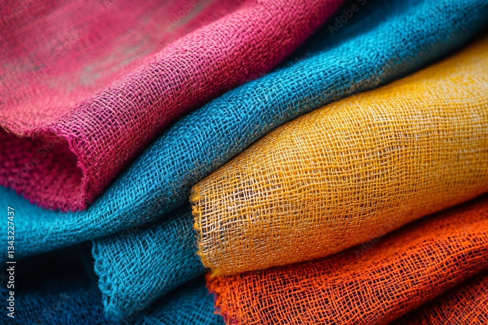Vibrant rolls of textured fabric arranged in a colorful display at a local market in the afternoon light Vibrant rolls of textured fabric arranged in a colorful display at a local market in the afternoon light