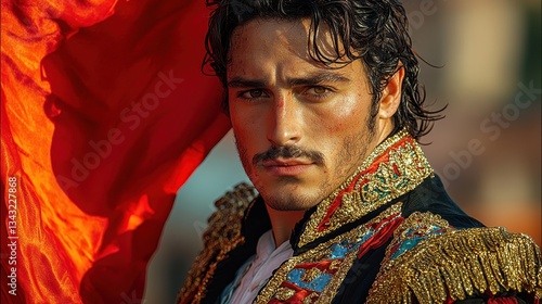Adult Hispanic man in traditional matador costume holding red cape