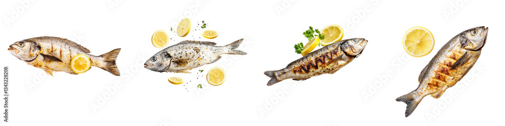 Assortment of grilled fish dishes with lemon slices and fresh herbs presented on plates Assortment of grilled fish dishes with lemon slices and fresh herbs presented on plates