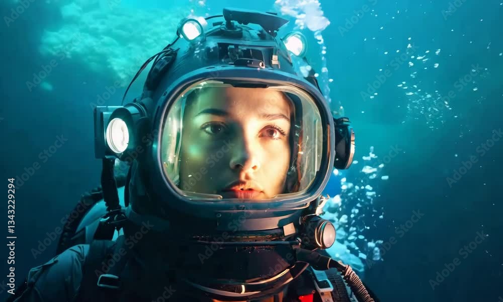 A woman wearing a deep-sea diving helmet with built-in lights is underwater, with air bubbles rising around her in the blue ocean.