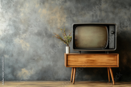 Wallpaper Mural Retro 1950s TV set on wooden table with futuristic imagery displayed Torontodigital.ca