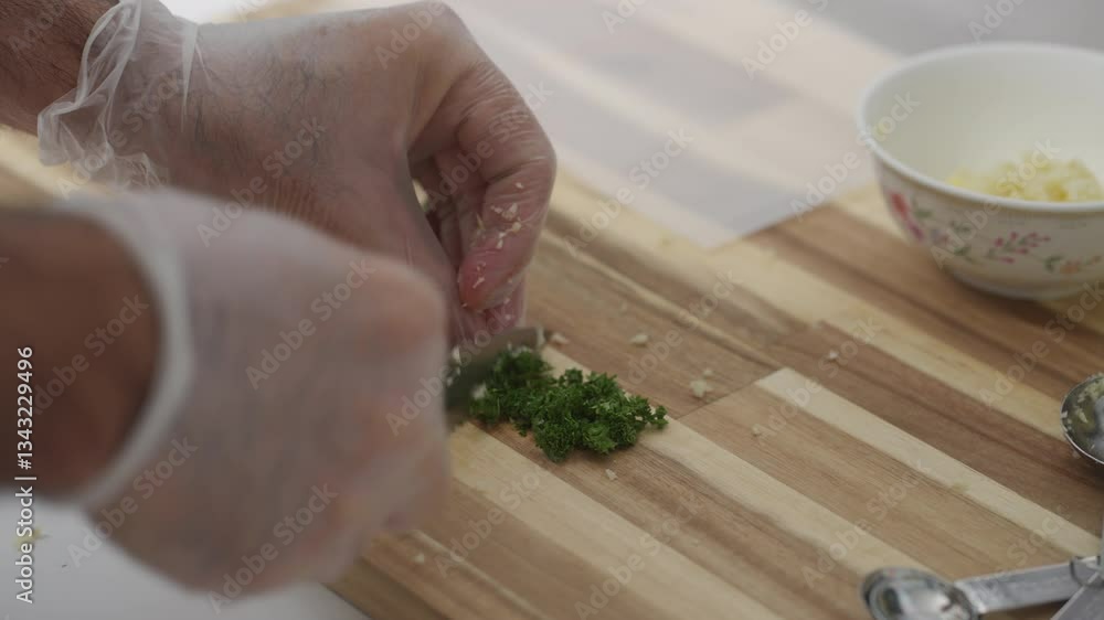 Slicing fresh parsley on a wooden cutting board.