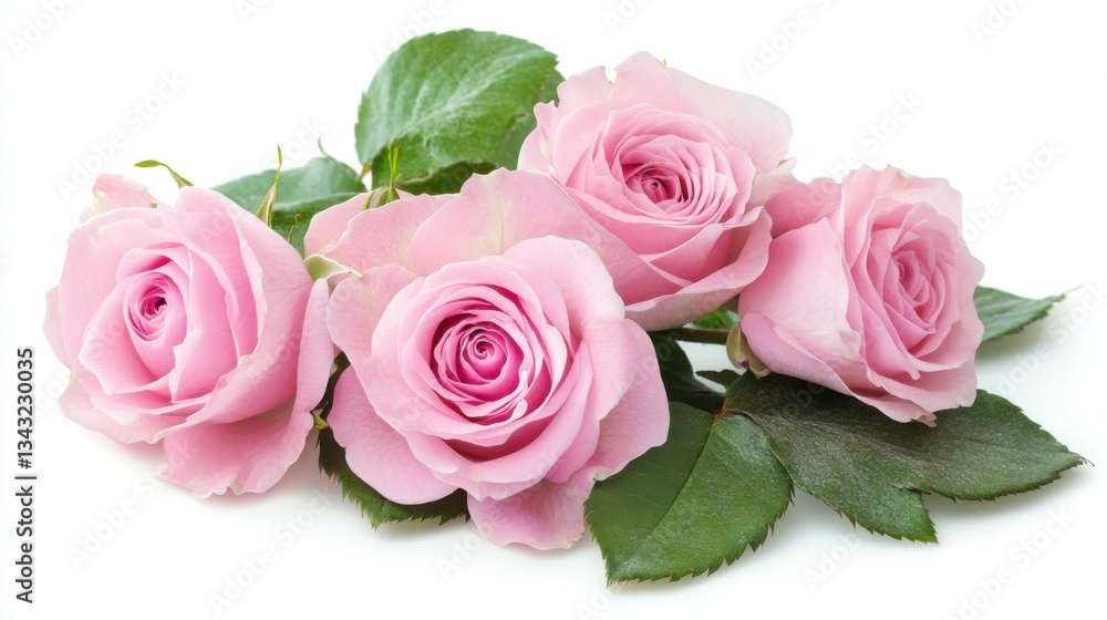 Fototapeta premium Pink roses with green leaves in watercolor style, symbolizing natural beauty and delicate elegance.