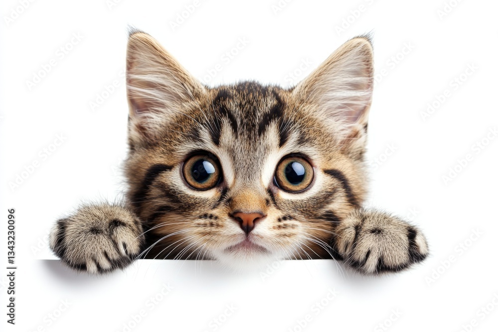 Playful kitten peeking over a ledge with big, curious eyes and furry paws in a bright setting Playful kitten peeking over a ledge with big, curious eyes and furry paws in a bright setting