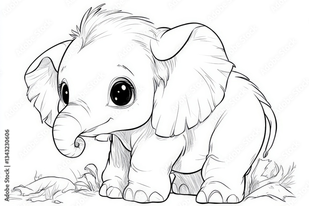 Cute baby elephant standing on grass, surrounded by leaves in a playful pose Cute baby elephant standing on grass, surrounded by leaves in a playful pose