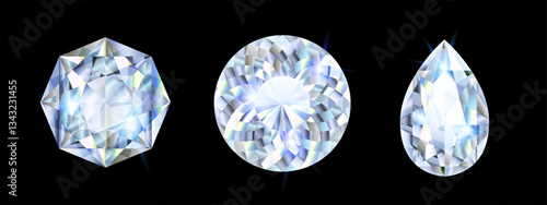Gems of different shapes isolated on black background. Set of faceted diamonds. Real diamonds vector illustration with shine effect.
