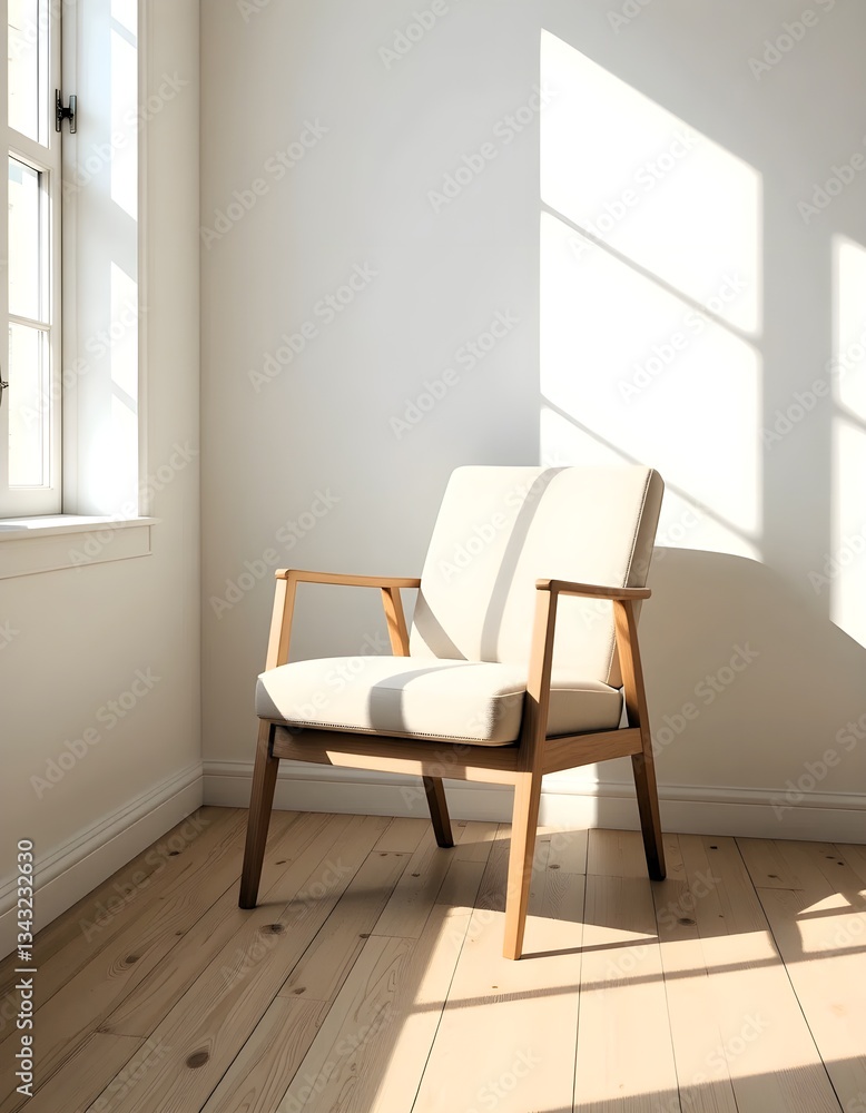 Fototapeta premium Modern Wooden Armchair in Sunlit Minimalist Living Space Interior Design