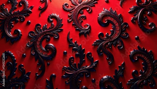 Deep red paisley wallpaper with contrasting black outlines , decorative, interior