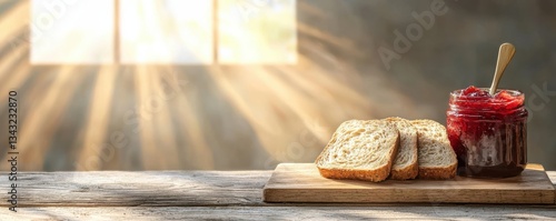 Freshly toasted bread with jam set against a sunlit background, inviting and warm.
