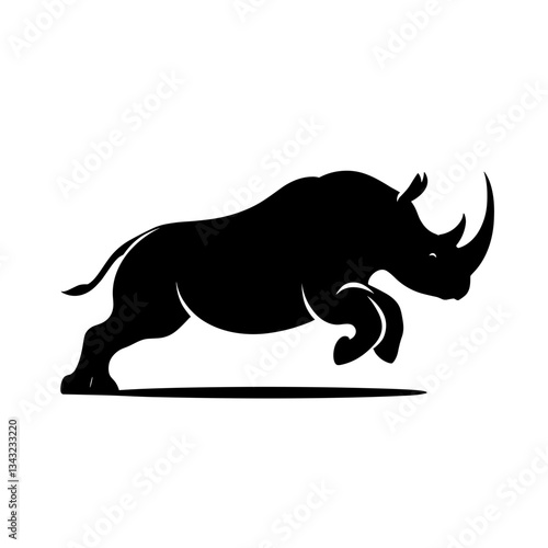 Charging rhino silhouette on white background