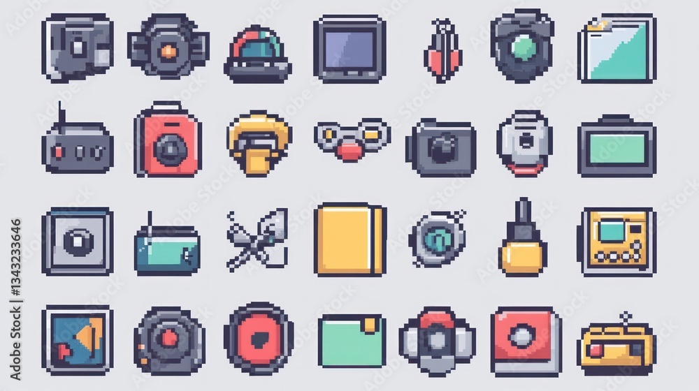 Collection of pixel art icons depicting various gadgets and electronics. Collection of pixel art icons depicting various gadgets and electronics.