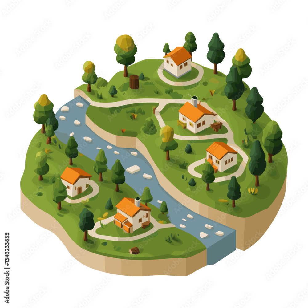 Fototapeta premium Forest with a river flowing landscape isometric village vector