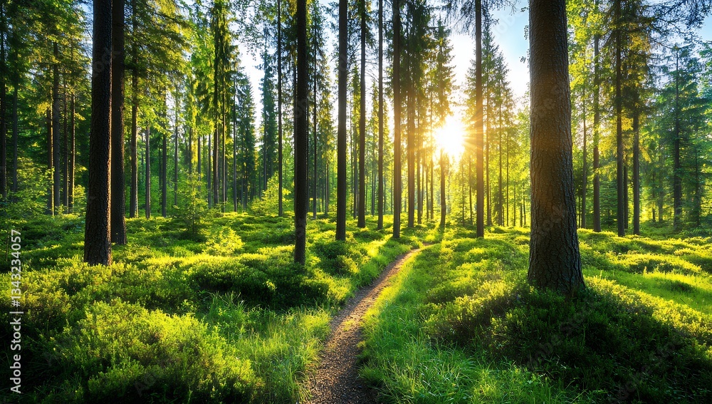 Fototapeta premium Sunlit forest path winds through lush green trees and undergrowth, creating a serene and peaceful natural scene